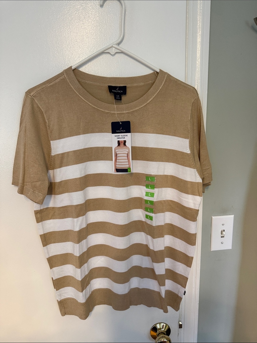 Nautica Tan and White Striped Short Sleeve Knit Tee